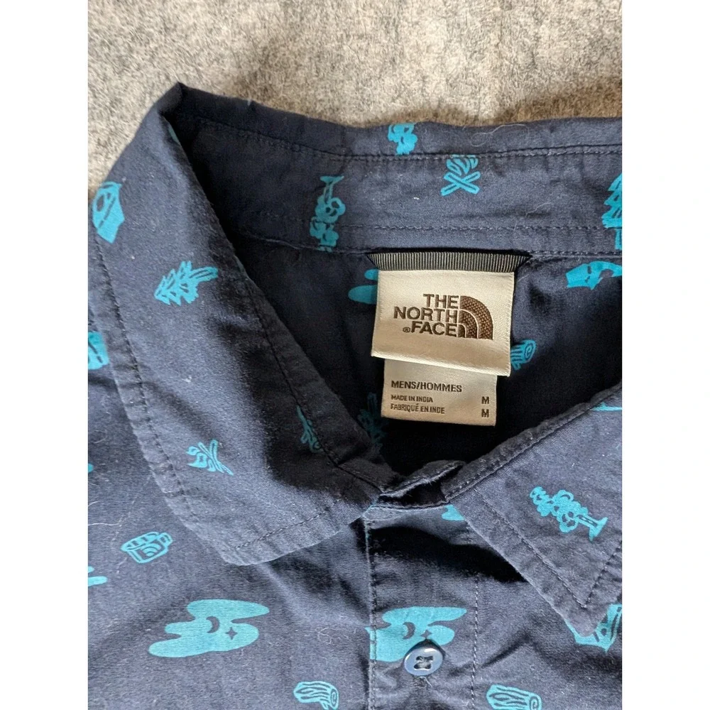 The North Face Mens Short Sleeve Button Down Camping Print Shirt Navy Teal M